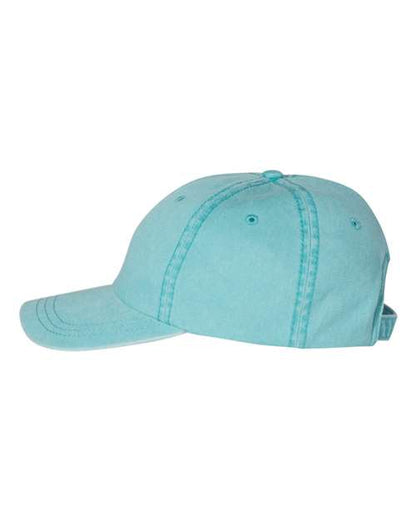Side view of a light blue unstructured pigment-dyed dad hat with no visible embroidery.