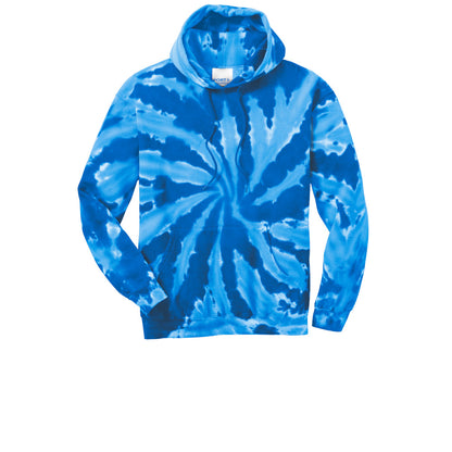 Royal blue spiral tie-dye hooded sweatshirt front view laid flat