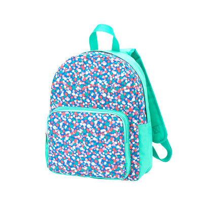 Blue confetti-print preschool backpack with mint trim