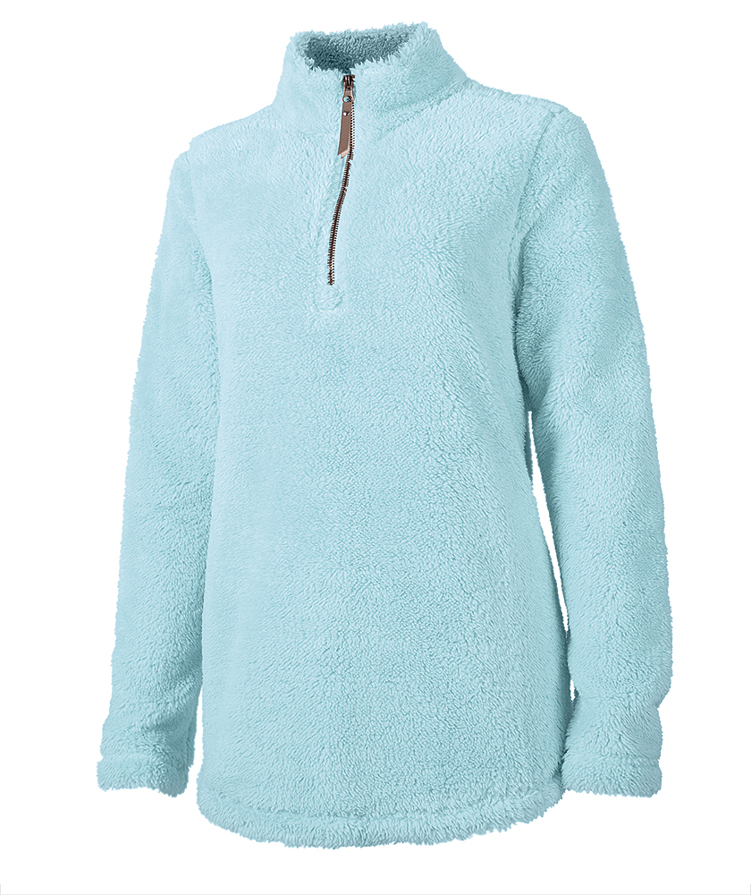 Light blue sherpa fleece pullover with a half-zip closure and no visible embroidery.