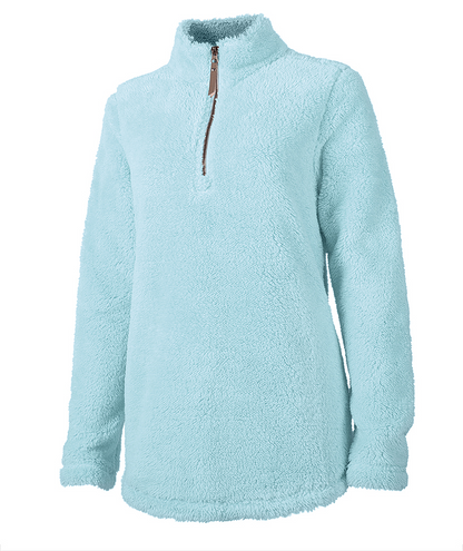 Light blue sherpa fleece pullover with a half-zip closure and no visible embroidery.