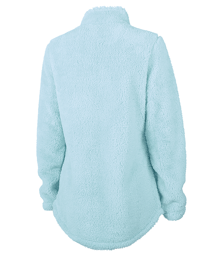 Back view of a light blue, fuzzy fleece pullover with long sleeves and a high collar.