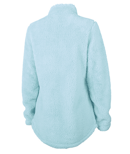 Back view of a light blue, fuzzy fleece pullover with long sleeves and a high collar.