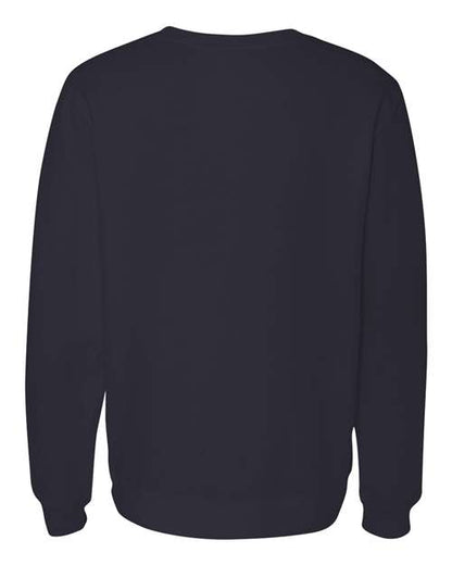 Back view of a plain navy blue sweatshirt with long sleeves and ribbed cuffs.