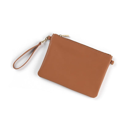 Tan leather wristlet with gold zipper and matching strap on white background.