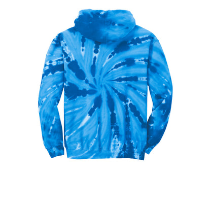 Royal blue spiral tie-dye hooded sweatshirt back view laid flat