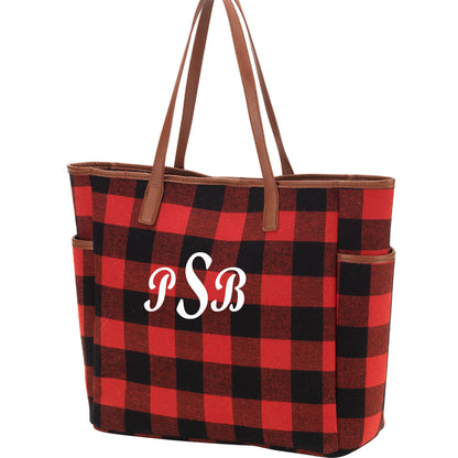 Red and black checked tote with a white monogram