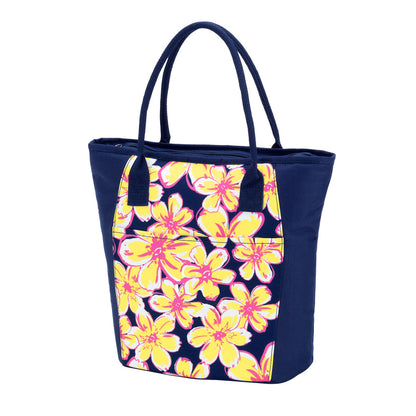 Navy cooler tote with yellow floral front panel