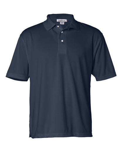 Navy blue short-sleeved mesh polo shirt with a three-button placket and a FeatherLite brand label.