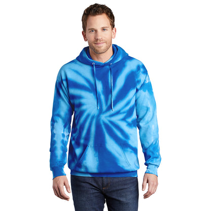 Man wearing royal blue spiral tie-dye pullover hoodie facing the camera