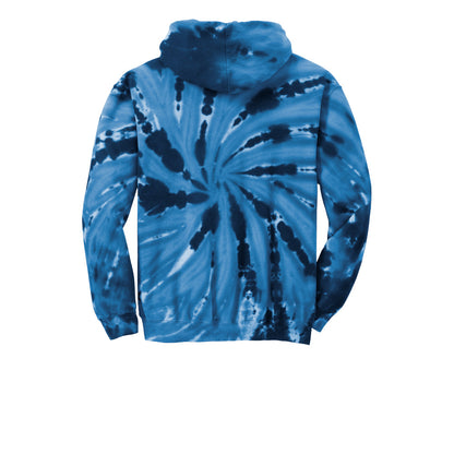 Back view of a navy blue tie-dye pullover hooded sweatshirt with a spiral pattern.