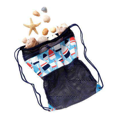 Navy mesh drawstring backpack with a buoy-print band and beach toys