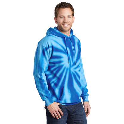 Man wearing royal blue spiral tie-dye pullover hoodie, front view