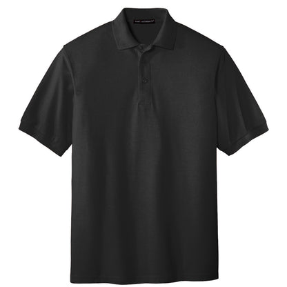 Black short-sleeved polo shirt with a collar and button placket, featuring a Port Authority neck label.
