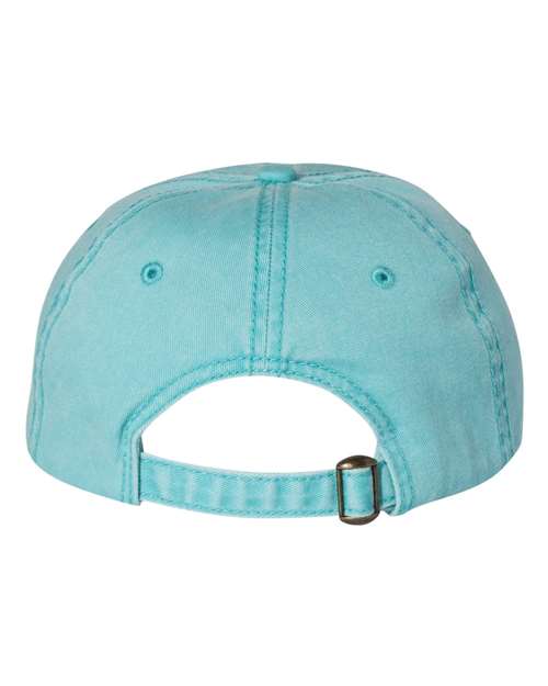 Back view of a light blue pigment-dyed unstructured dad hat with a metal buckle closure.