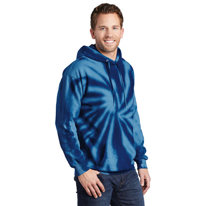 Man wearing a navy blue tie-dye pullover hooded sweatshirt with drawstrings and a front kangaroo pocket.