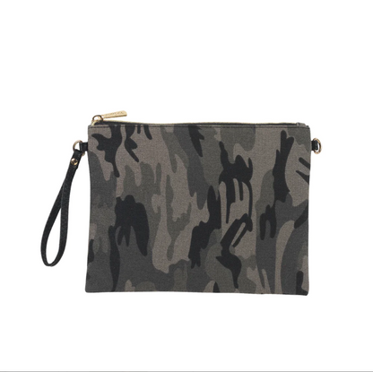 Gray camouflage wristlet with black strap