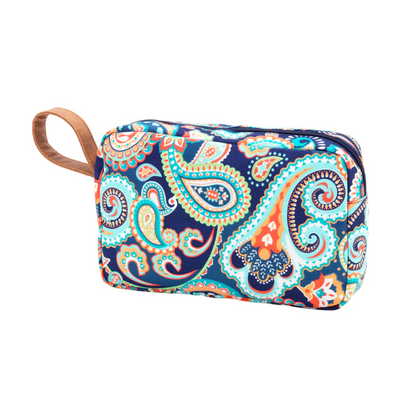 Navy paisley cosmetic pouch with a tan side loop