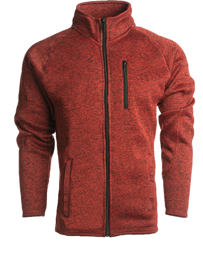 Red heathered knit zip-up jacket with a stand-up collar and a vertical chest zipper pocket.