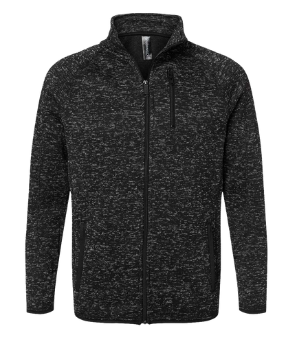 Black and white marled knit zip-up jacket with a stand-up collar and zippered pockets.