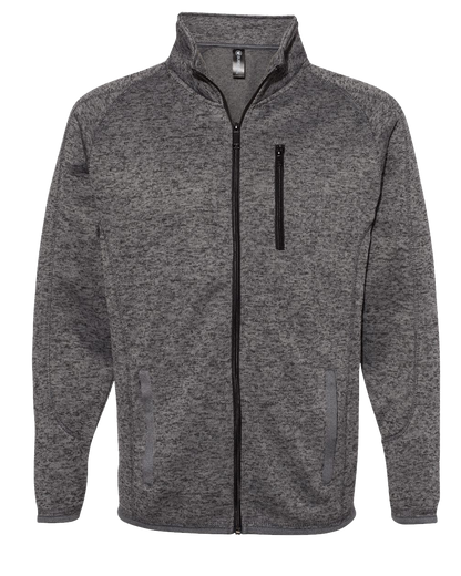 Heather grey zip-up sweater knit jacket with a stand-up collar and chest pocket.