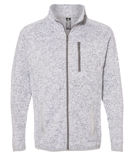 Heathered grey zip-up sweater knit jacket with a chest pocket and side pockets.