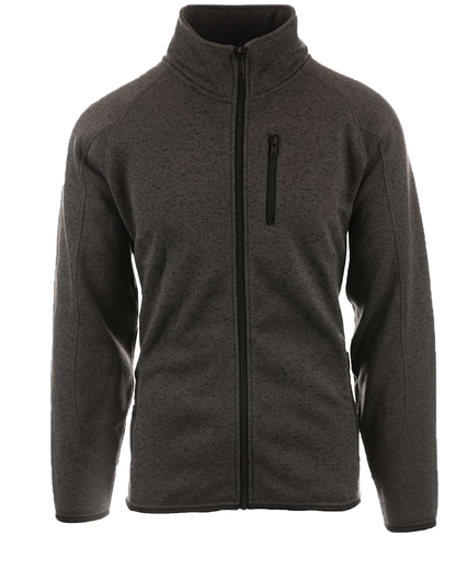 Dark grey heathered knit jacket with a full-length front zipper and a zippered chest pocket.