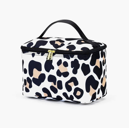 Black and white animal-print cosmetic case with black handle