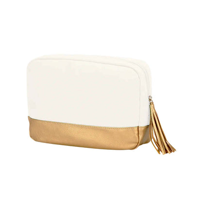 Cream Cabana cosmetic bag with gold-colored trim and tassel