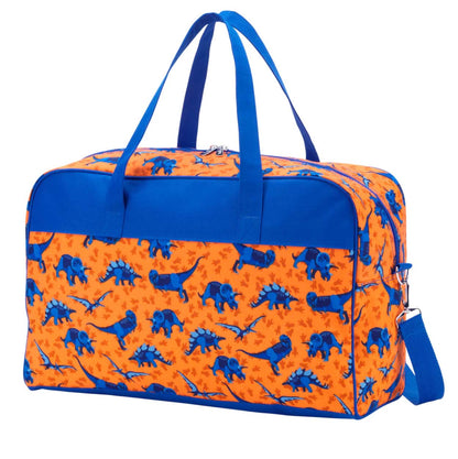 Orange dinosaur-print travel bag with blue top panel