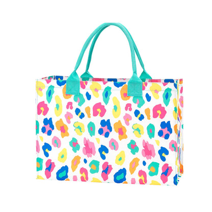 Multicolor animal-print tote with mint handles