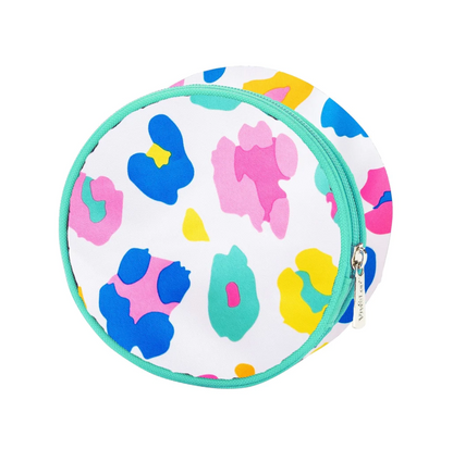 Multicolor animal-print round jewelry case with mint trim