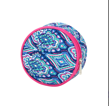 Blue geometric-print round jewelry case with pink trim