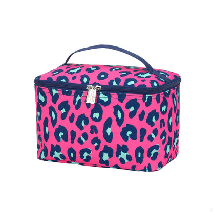 Hot pink leopard-print cosmetic case with dark trim