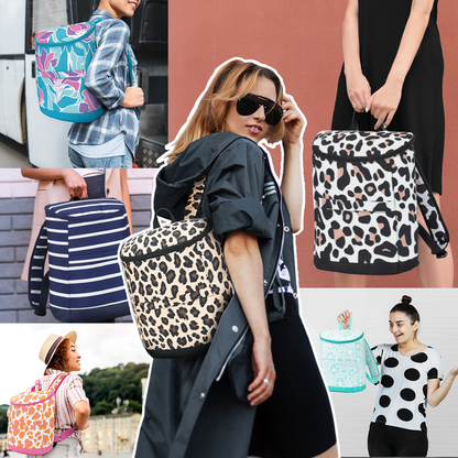 Collage of patterned cooler backpacks with striped, floral and animal-print examples