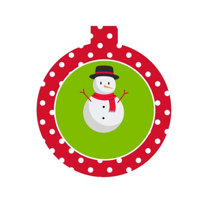Snowman Christmas ornament design with green center, red and white dotted border, black hat and red scarf
