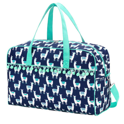 Navy llama-print travel bag with mint handles