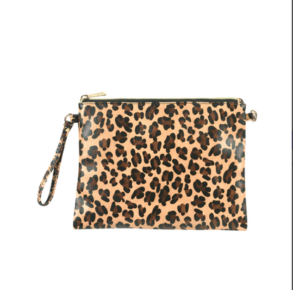 Tan leopard-print wristlet with matching strap