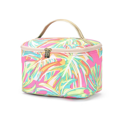 Multicolor tropical-leaf-print cosmetic case with pale handle