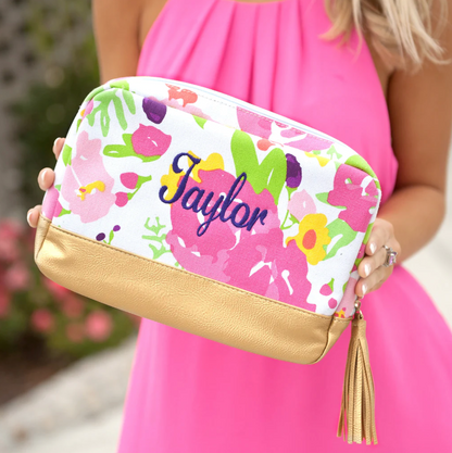 Floral Cabana cosmetic bag embroidered with Taylor