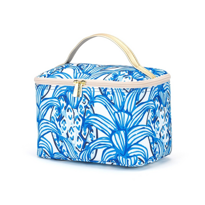 Blue tropical-leaf-print cosmetic case with pale handle