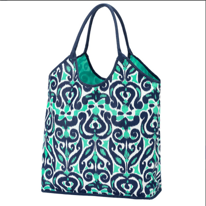 Navy and mint patterned beach tote with dark handles