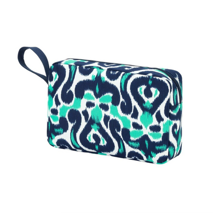 Navy and mint animal-pattern cosmetic pouch with a dark loop