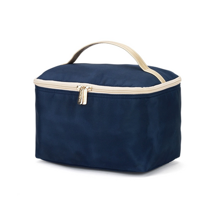 Solid navy cosmetic case with pale handle and trim