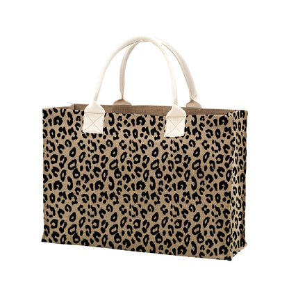 Leopard-print burlap-look tote with cream handles