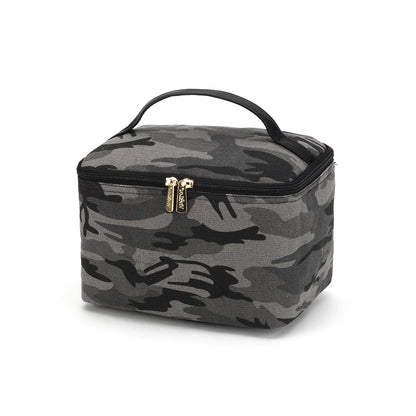 Gray camouflage cosmetic case with black top handle