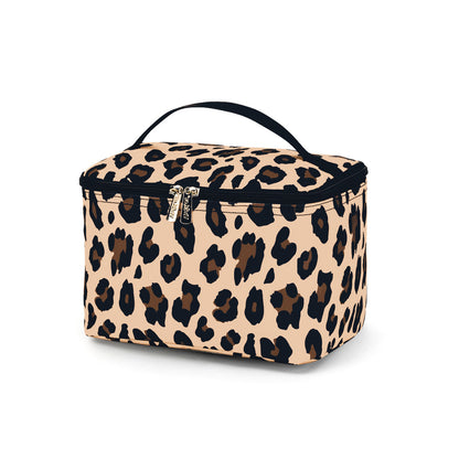 Tan leopard-print cosmetic case with black top handle