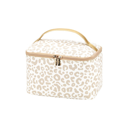Cream leopard-print cosmetic case with pale handle and trim