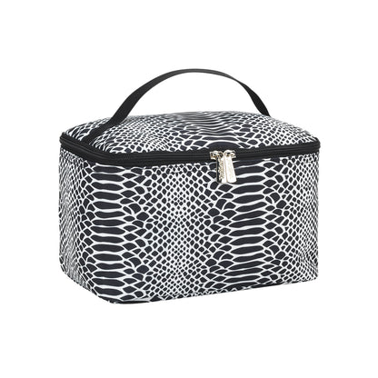 Black and white snakeskin-pattern cosmetic case with black handle