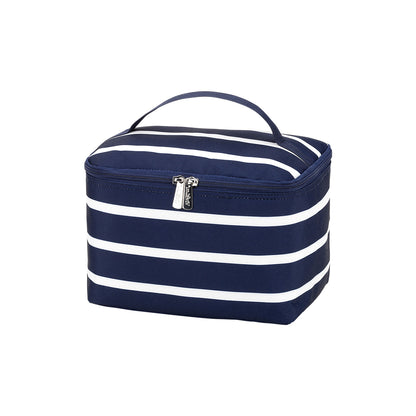 Navy and white striped cosmetic case with top handle